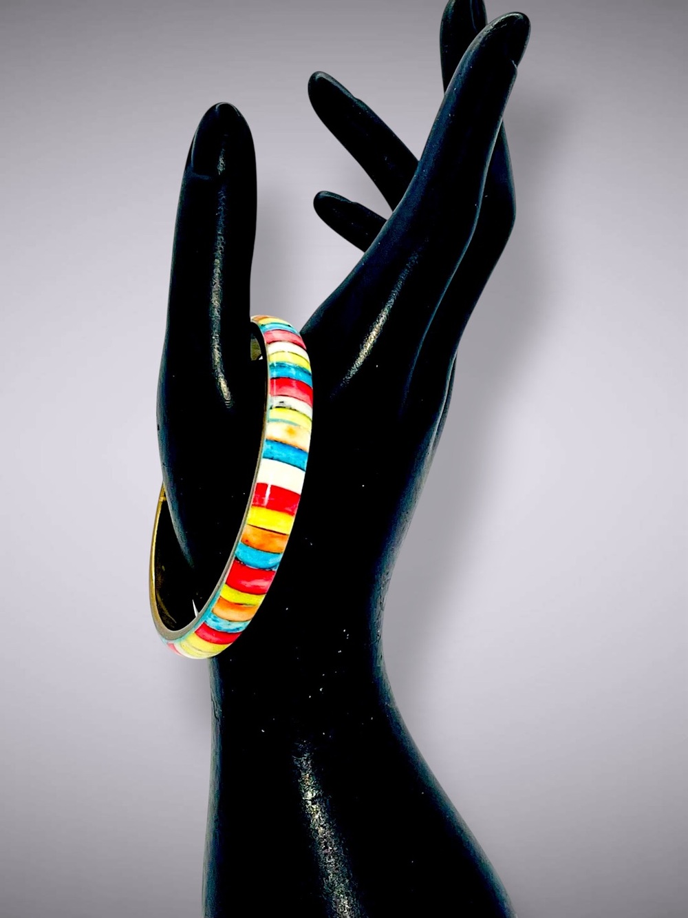 Vintage Brass Rainbow Stripe Mosaic Bone Inlay Bangle Bracelet Boho Vibe